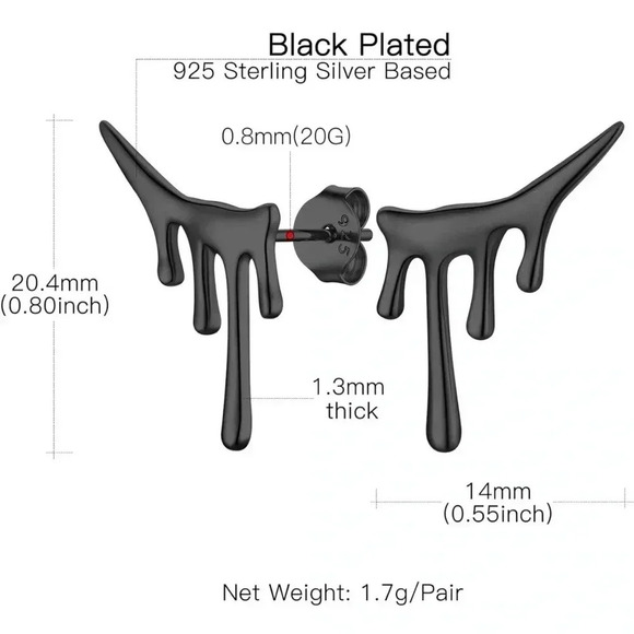 925 Sterling Silver  Black Lava Goth Earrings - Picture 3 of 4